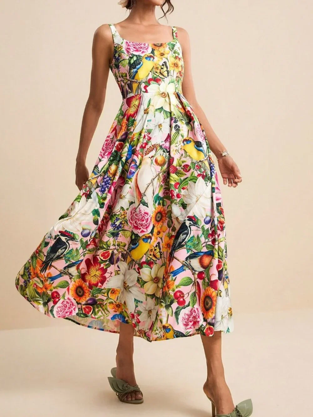 Pink Boho Women's U-Neck Spaghetti Strap Waist Flared Tropical Print Dress - Picture 7 of 8